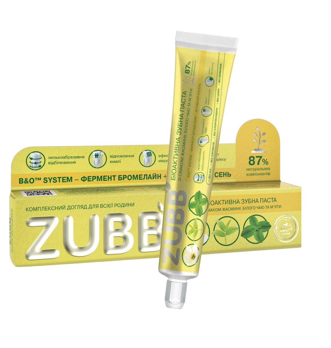 Біоактивна зубна паста ZUBB «Зі смаком жасмину, білого чаю та м’яти», 90г.